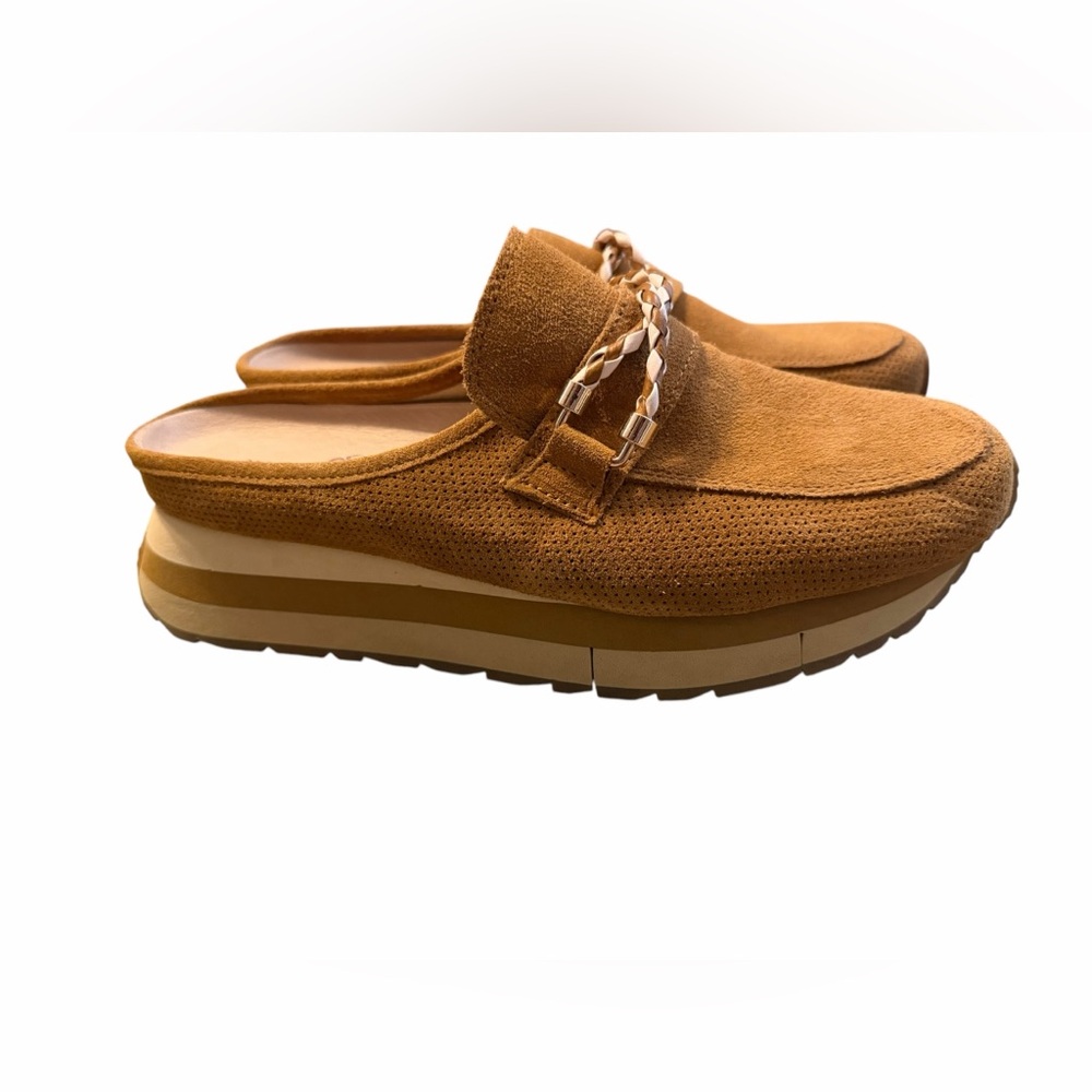 Naked Feet Tan Suede Slip-On Loafers with Chain Accent